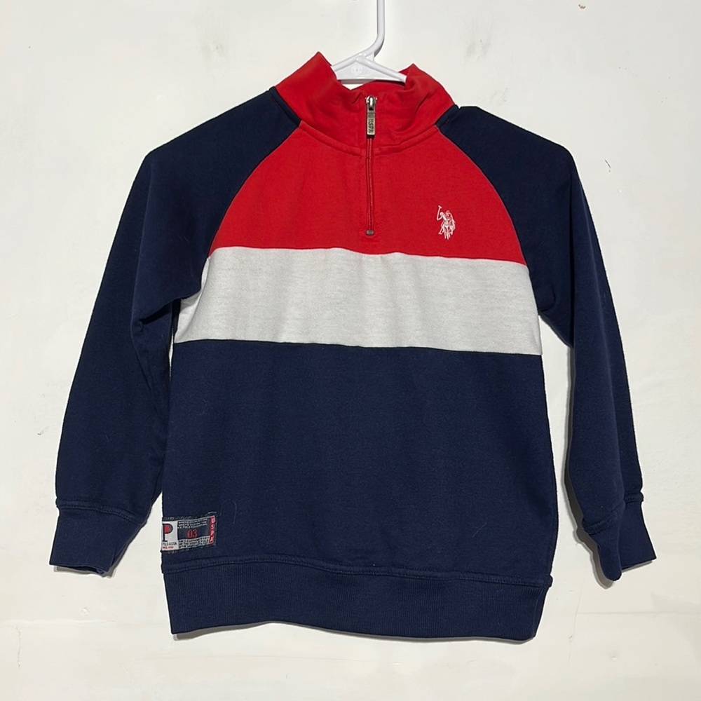U.S. Polo Assn. Kid's Red White Blue Striped Quarter Zip Pullover Sweater 10/12